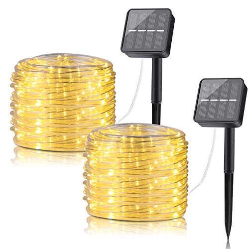 BINZET LED Solar String Lights Outdoor, 33ft Waterproof Clear Tube 8 Modes 100LEDs Solar Fairy Lights for Patio, Deck, Gardens, Backyard, Pergola, Christmas (Warm White, 2 Pack)
