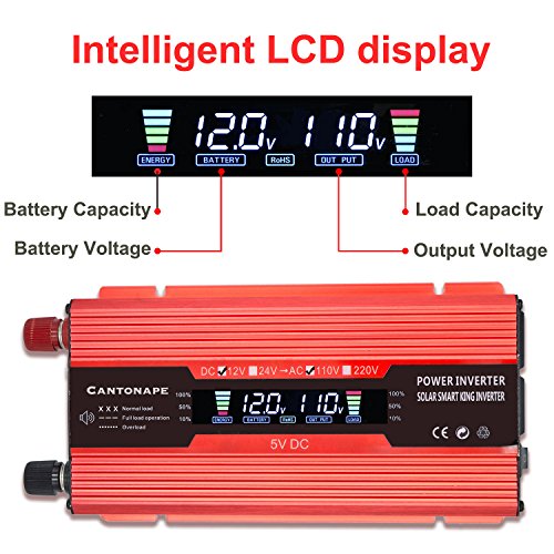Cantonape 700W/1500W(Peak) Car Power Inverter DC 12V to 110V AC Converter with LCD display Dual AC Outlets Comapct Size and 2A USB Car Charger for Car Home Laptop