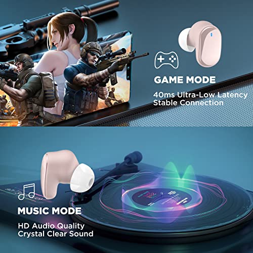 HTC 2023 New True Wireless Earbuds 7 Bluetooth 5.3, Stereo Earphones 10mm Driver with Deep Bass, 40ms Ultra Low Latency for Gaming, Running - 22H Playtime/Touch Control/Game Modes/Built-in Mic - Pink