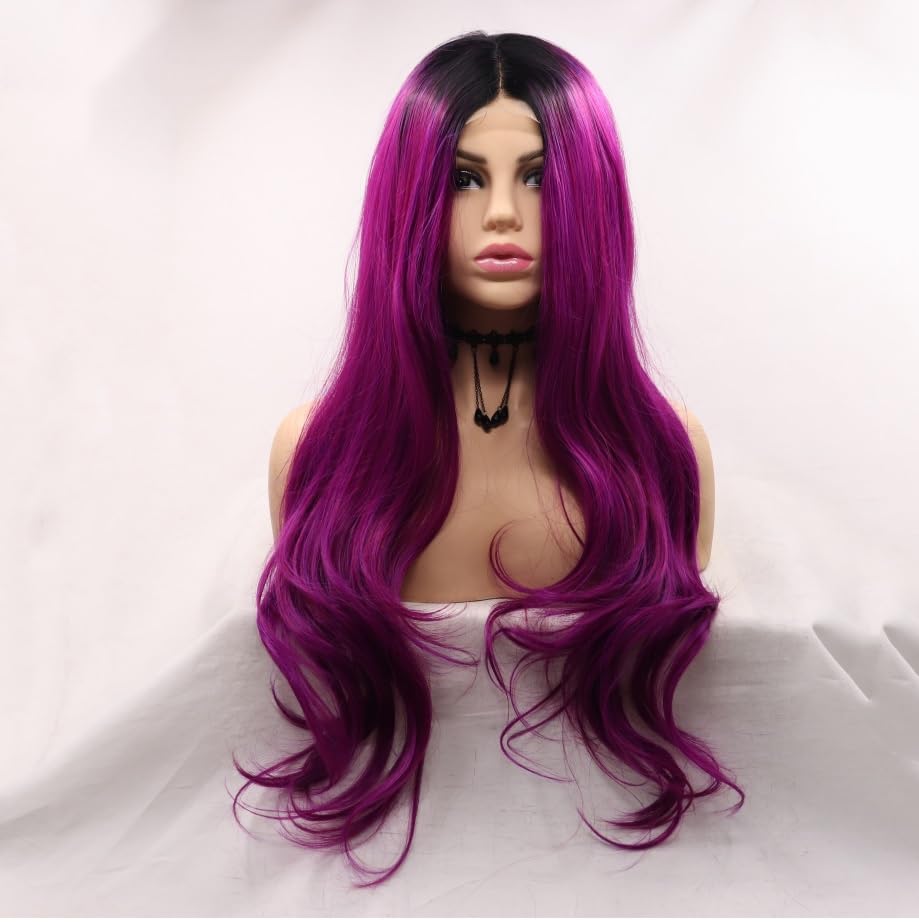 Xiweiya Long Purple Lace Front Wig Dark Roots Piano Color Highlight Purple Hair Middle Part Synthetic 4x1U Part Lace Full Wigs Natural Hairline Heat Resistant Hair 150% Density Wig for Women 26Inch