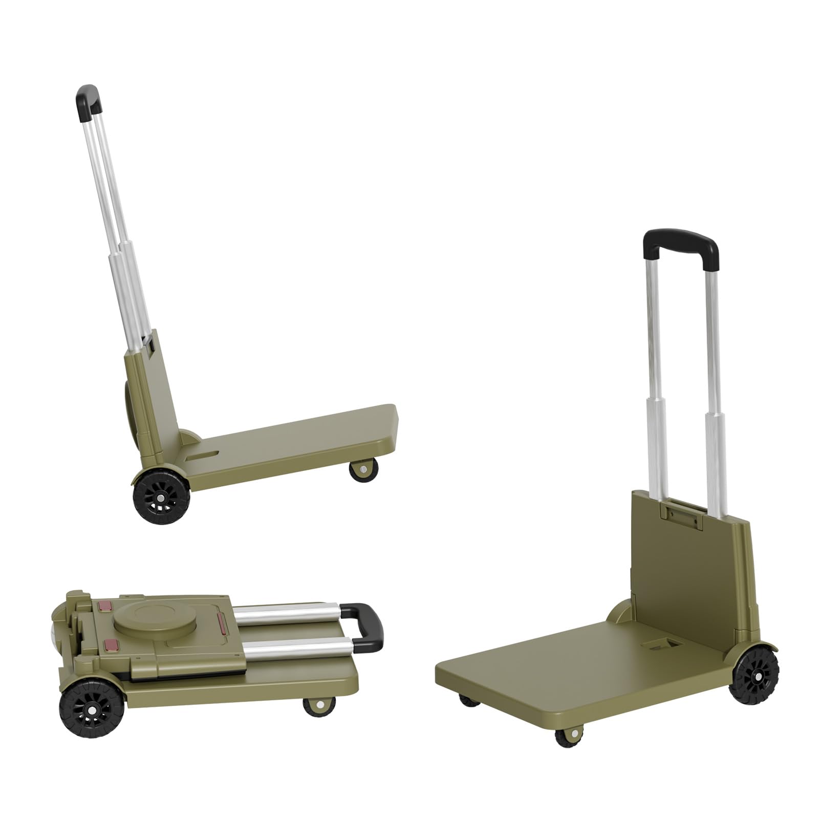 Photo 1 of [220LBS Capacity] 4-Wheel Folding Hand Truck with Strong Base & Ropes - Heavy Duty Platform Cart for Moving/Shopping | Space-Saving Foldable Design Black Utility Carts Trolley Cart, (Green, M)
