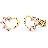 14k REAL Yellow Gold Journey Red, Pink, White Color CZ Heart Stud Earrings with Screw Back
