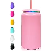 FunTrans Glass Cups with Lids and Straws, 16 oz Stainless Steel Cups, Insulated Skinny Tumbler, Powder Coated Travel Mugs for Laser Engrave, Iced Coffee Cup for Smoothie Water DIY Gift (Pink,1 pack)