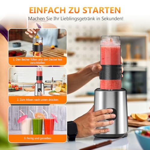 Mixer, Smoothie Maker, Standmixer, 500W Smoothie Mixer mit 2x570ml Smoothie Flaschen BPA frei Tritan,Tragbarer Blender Smoothie Maker aus Edelstahl 4-Klingen-System,für Jede Art von Shake und Smoothie