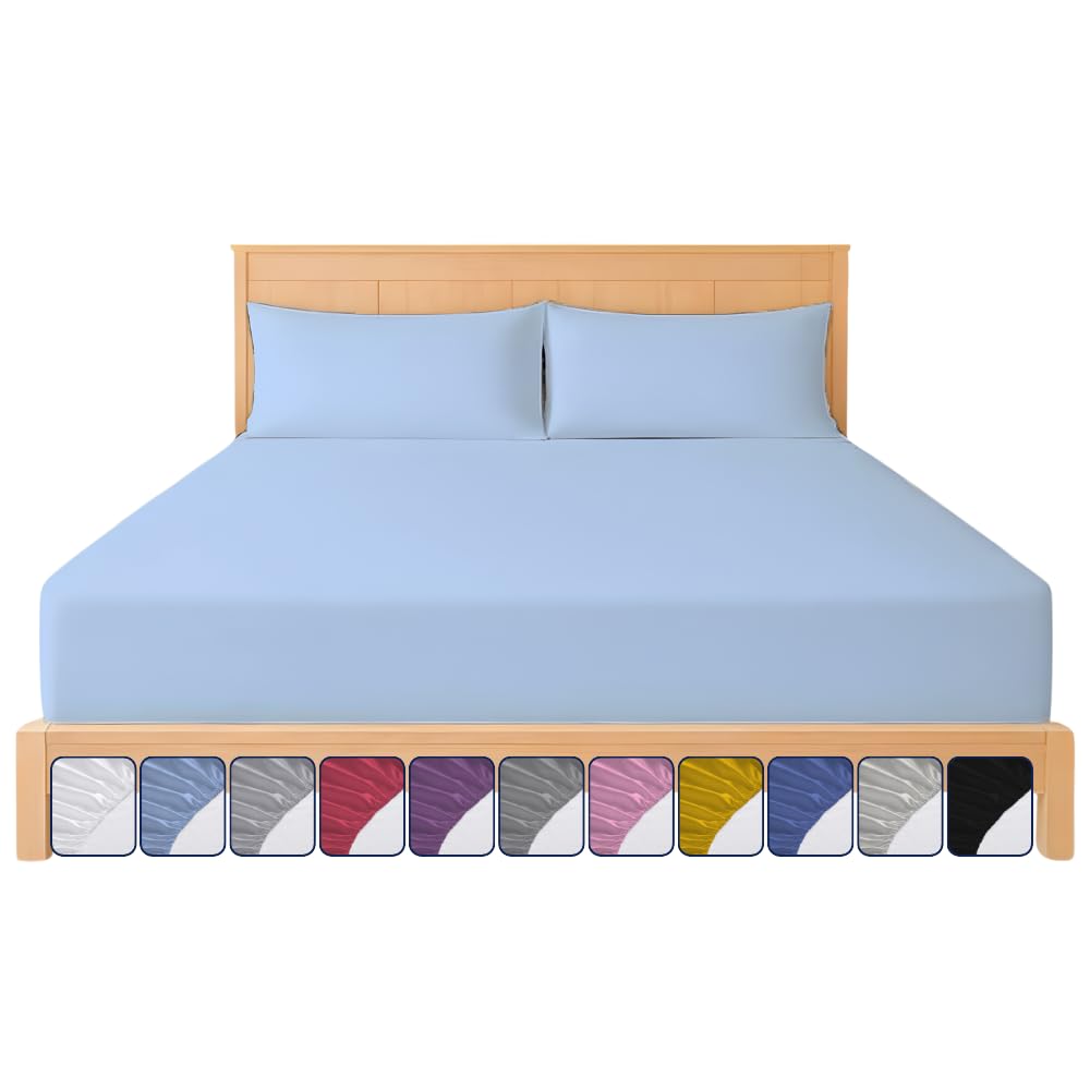 Fitted Sheet 40cm with Extra Deep Pockets - OEKO-TEX Certified Bed Sheet King Size 152X200CM | Hotel Quality & Wrinkle Resistant | Brushed Microfibre Fitted Sheets (Sky Blue, King 40 CM)