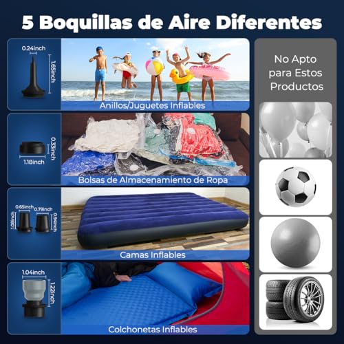 Bomba de Aire Eléctrica Portátil 4000Pa Recargable con Camping Luz, Mini Inflador Electrico Inflables y Desinflables, Pare Camping/Alfombras Inflables/Anillo de Natación