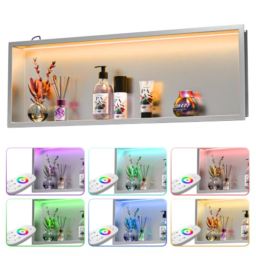 Bernkot Wall Mounted Shower Stainless Steel RGB LED Wall Mounted Niche with Remote Control 90cm x 30cm Silver