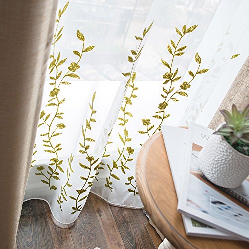Melodieux Floral Embroidery Sheer Curtain for Living Room Bedroom Farmhouse Style Rod Pocket Voile White Green 52x84 Inch (1 Panel)