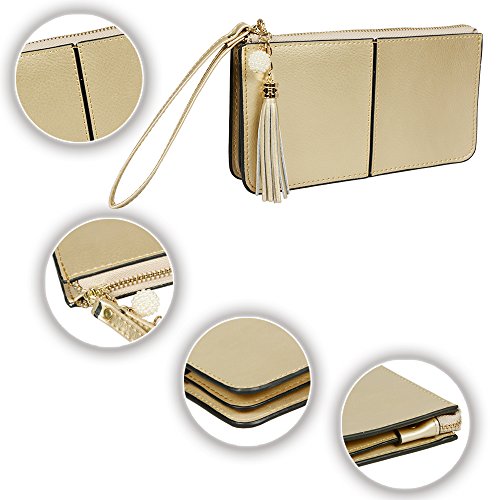 Lovena Soft Leather Wristlet Smartphone Zipper Wallet Tassel Wristlet with Credit Card Holder/Cash pocket/Wrist Strap-Fit iPhone X/iPhone 8/7Plus Samsung Note 8/5- Light Gold - Thumbnail 2