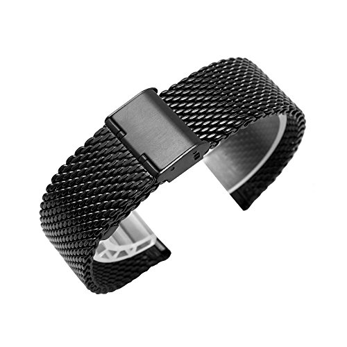 Milanese Mesh Stainless Steel Strap with Hook Buckle 22mm Classic Polished Silver Watch Band - Black