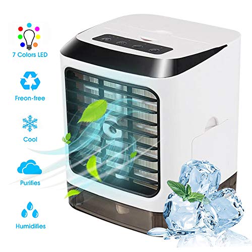 RoJuicy Air Conditioner Cooler Fan, Personal Air Cooler, Humidifier, Purifier, Evaporative Cooler, USB Charging 3 Speeds Ultra-Quiet Table Fan with LED Light for Home Office Bedroom Kids