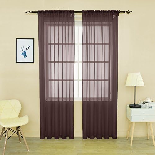 HOLKING 2 Piece Sheer Window Curtains Panels 84 inch length Brown Rod Pocket Sheer Voile Window Curtains Toal is 104 inches wide by 84 inches long