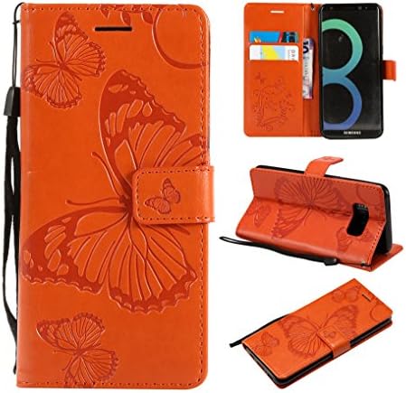 Amocase Wallet Leather Case with 2 in 1 Stylus for Samsung Galaxy S8,Premium Strap 3D Butterfly Magnetic PU Leather Stand Shockproof Card Slot Case for Samsung Galaxy S8 - Orange