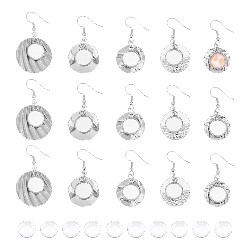 UNICRAFTALE 5 Styles 20 Sets Stainless Steel Flat Round Earring Bezel Trays Glass Blank Dome Dangle Earrings Cabochon Settings Ear Wire Hooks Bezel Trays with Glass Cabochon Setting for Jewelry Making