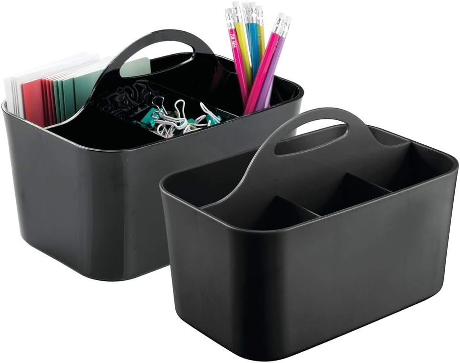 mDesign Small Office Storage Organizer Utility Tote Caddy Holder with Handle for Cabinets, Desks, Workspaces - Holds Desktop Office Supplies, Gel Pens, Pencils, Markers, Staplers - 2 Pack - Black