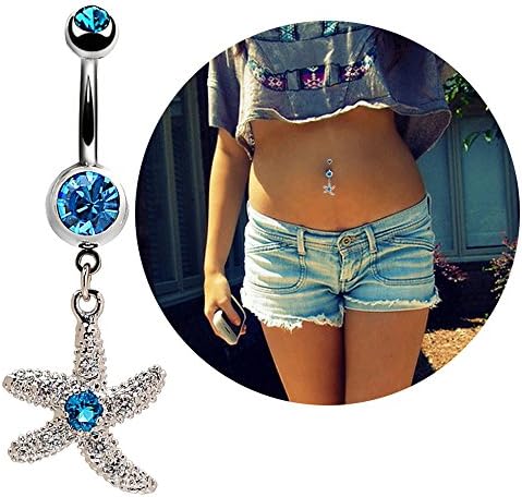 14G Belly Button Navel Ring Surgical Steel Curved Barbell Bananabell Sapphire Starfish Piercing Jewelry