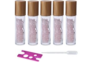 USROMMANER 5 Pack 10ml Clear Roll On Bottles With Natural Chakra Crystal Chips for Essential Oils,Perfume Glass Roller Bottles Container Bamboo Lid,Crystal Roller,Pipette&Opener Included (Rose Quartz)