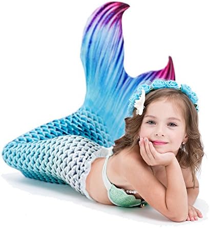 5 PCS Set Mermaid Tails Bikini Swimwear with Swimfins Ariel Little Mermaid Swimsuit for Girls Kids 3-11 Years(Buy One get one piece of mermaid pearl necklace)