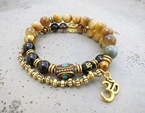 27 Bead Wrist Mala Bracelet in OM Charm, Cat Eye, Yellow Citrine, Gold Hematite, Smoky Quartz, and Tibetan Guru Bead