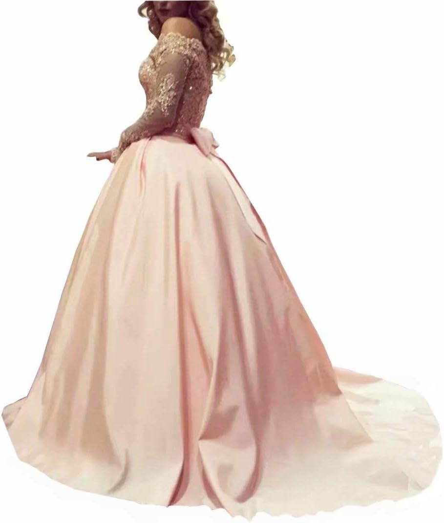 Dimei Women’s Off Shoulder Long Sleeve Prom Dress Ball Gown Satin Quinceanera Dress Ball Gown