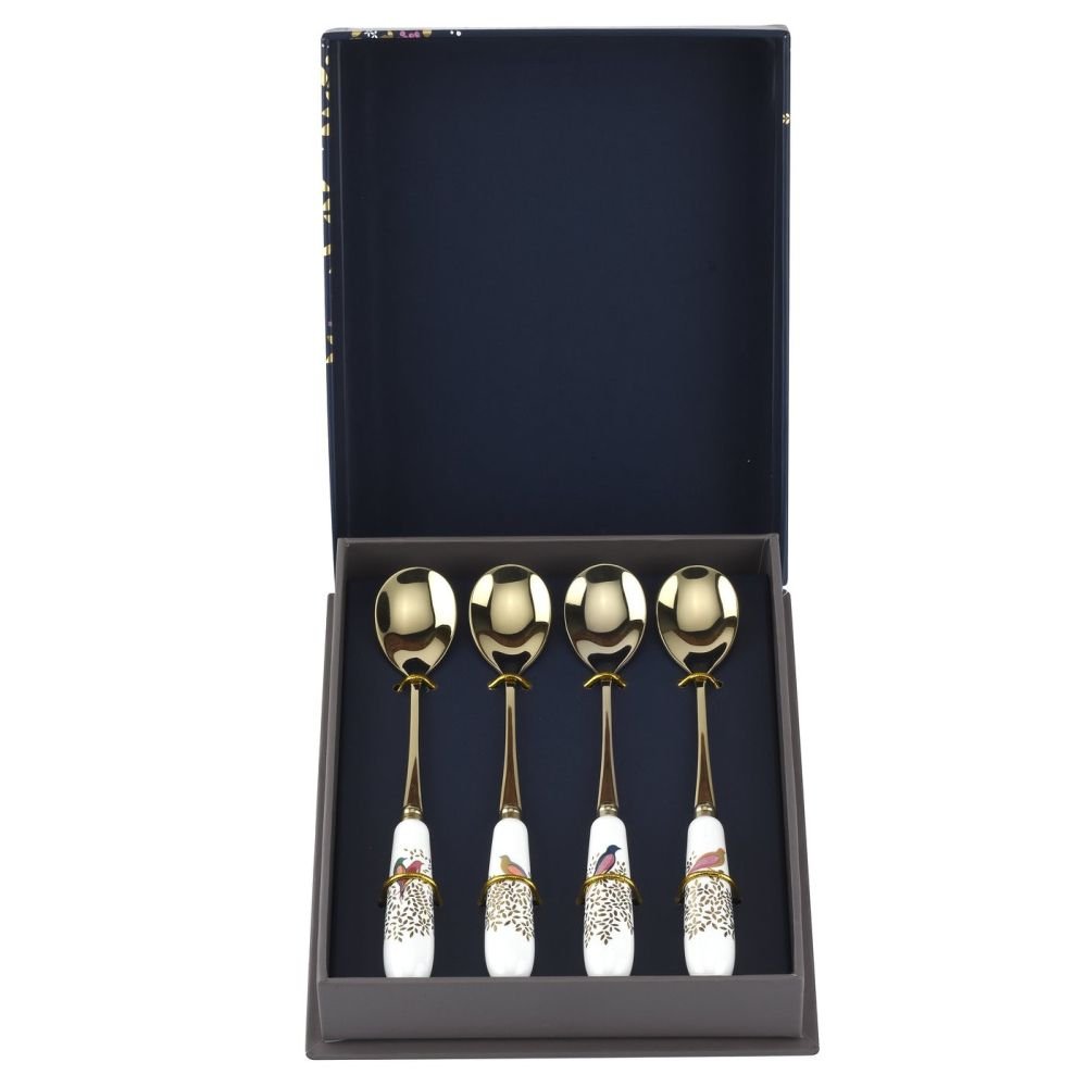 Portmeirion x Sara Miller London Set of 5 Tea Spoons - Gold, Porcelain & Stainless Steel Teaspoons, Chelsea Collection, Beautiful Floral Design, Suitable for Tea, Coffee, or Dessert, 15cm
