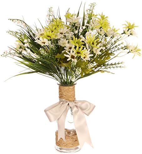 Tdvision Artificial Silk Flowers Daisy and Chlorophytum Bouquets for Home Decor Party Wedding 6 Bundles No Vase (White & Yellow)
