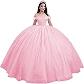 Youjiayi Glitter Tulle Quinceanera Dresses with Train Off Shoulder Beaded Sweet 16 Dresses Pleated Long Ball Gown for Women