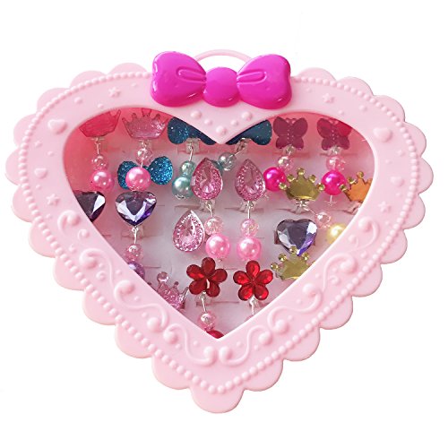 Elesa Miracle 28pcs Children Kids Little Girl Shiny Clip-on Earrings and Adjustable Jewelry Rings in Box, Girl Pretend Play Earrings and Dress up Rings
