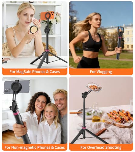 Gahenwo 69" Magnetic Phone Tripod for All Phones,Selfie Stick for Magsafe with Rechargeable Remote & Phone Mount ,Portable Stand with Tripod Leg for iPhone/Android,Camera Mounts & Clamps,Photo,Travel