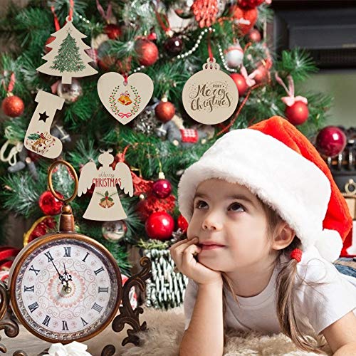 LovesTown 60 Pcs Unfinished Christmas Wooden Ornaments, Unpainted Christmas Ornaments 12 Styles Craft Wood Kit with 60 Pcs Colored Jingle Bells DIY Christmas Ornaments for Holiday Decoration