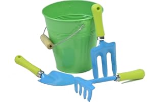 G & F Products JustForKids Garden Tool Set - Green Metal Pail with Real Mini Shovel, Rake & Cultivator, Wooden Handles, Perfect for Outdoor Play, Gardening Fun, and Educational Activities for Kids