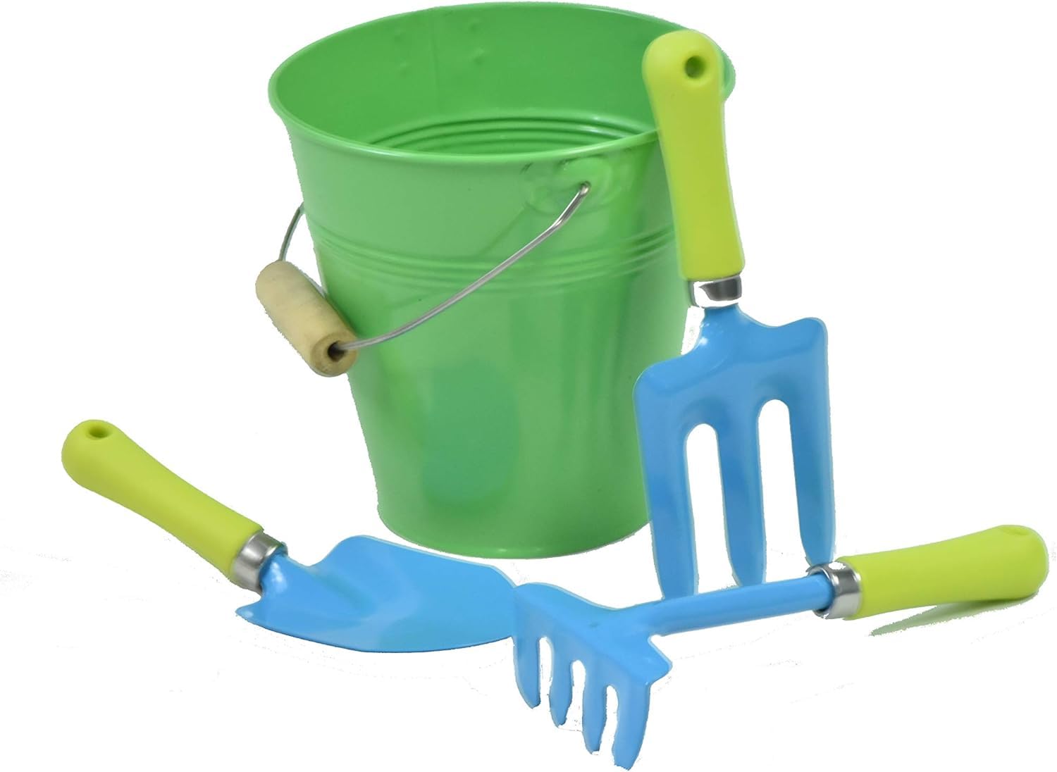 G & F Products JustForKids Garden Tool Set - Green Metal Pail with Real Mini Shovel, Rake & Cultivator, Wooden Handles, Perfect for Outdoor Play, Gardening Fun, and Educational Activities for Kids