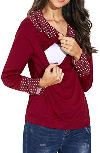 TINHAO Maternity &amp; Nursing Polka Dot Print Cowl Neck Long Sleeve Easy Breastfeeding Blouse Top