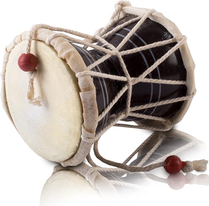 7 cms Small Handmade Traditional Authentic Wooden & Leather Classical Indian Folk Dumroo Damroo Damaru Hand Drum Percussion Instrument Set, Decorative Collectible Showpiece World Musical Instruments