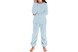 Girls Fuzzy Fleece 𝐏a𝐣amas Set Crewneck Pullover and Loose Pants Kids Padded Plush Sweatsuit Set Warm 2PCS 𝐒lee𝐩wear