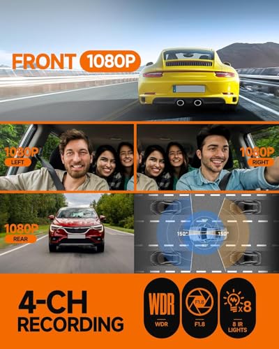 Neideso 360° Dash Cam Front and Rear Inside, 4 Channel FHD 4 * 1080P, Wi-Fi GPS Voice Control Car Camera, Front 2K+1080P*2 Dash Camera for Cars, with 64GB SD Card, Night Vision, 24H Parking Mode(N300)