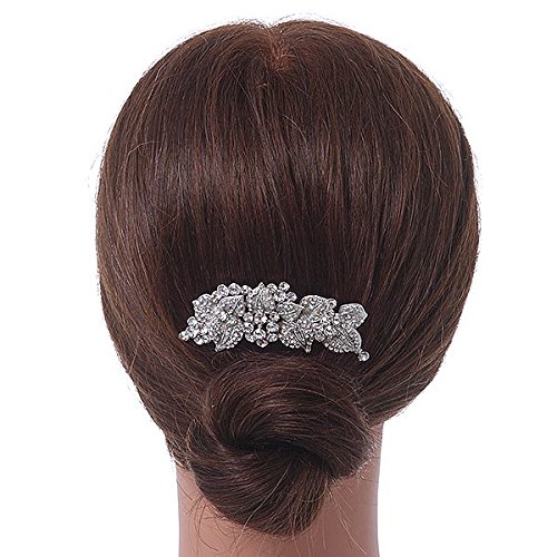Bridal/ Wedding/ Prom/ Party Rhodium Plated Austrian Clear Crystal 'Leaves & Flowers' Hair Comb - 80mm