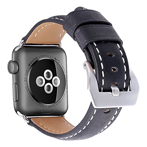 Apple Watch Bands, Genuine Leather 38mm Strap with Stainless Metal Buckle Fit for Men/Women s Apple Watch Series 3, Series 2, Series 1 & Sport & Edition (black)