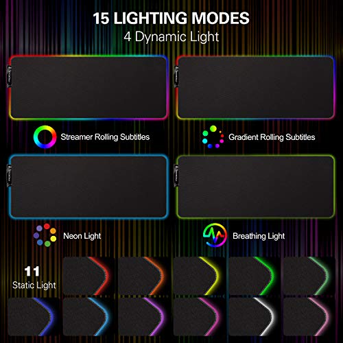 MoKo RGB Gaming Mouse Pad, Large Extended Glowing Led Mousepad with 15 Lighting Modes and USB 2.0 Port, Non-Slip Rubber Base Computer Keyboard Pad Mat for Gamer, 32.09 x 12 x 0.16 Inch - Black