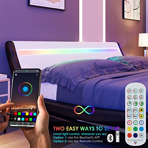 Deluxe Faux Leather Upholstered Platform Bed Frame with LED Headboard