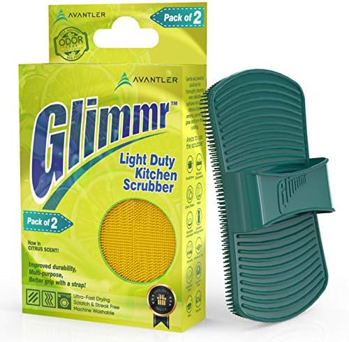 Glimmr - 2 Pack Premium Silicone Scrubber and Sponge | Antimicrobial FDA Approved Silicon | Food-Grade | Citrus Scent | Special Ergonomic Hand Strap Design | 5X Faster Cleaning Dishes | Odor-Free
