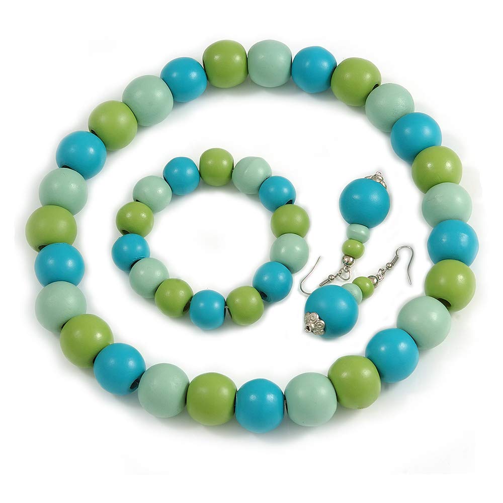 Avalaya Pastel Mint/Green/Turquoise Wood Flex Necklace, Bracelet and Drop Earrings Set - 46cm L