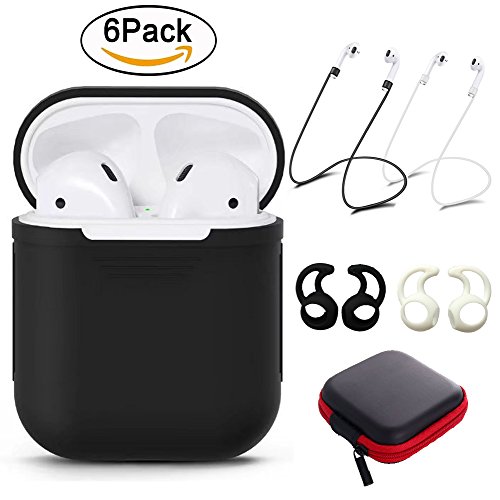 YUPING AirPods case Silicone protective cover with 2 Anti-lost Strap,2 Pairs of Ear Hook and 1 Headphone Case for Apple AirPods (6PACK)-Black