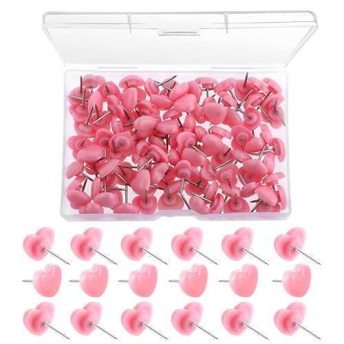 Yeenao Heart Shaped Thumbtacks,100 Pcs Pink Heart Push Pins,Cute Decorative Thumbtacks,Thumb Tacks Cork Board with Transparent Storage Box for Photo Walls,Notice Boards,Cork Panels,Wall Decoration