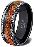 Mens Wedding Band 8mm Black Tungsten Ring Wood Inlay Pattern Dome Comfort Fit