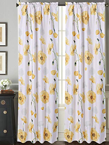 GorgeousHome (DR#2) Rod Pocket Floral Print Faux Silk Blackout Lined Window Dressing Curtain Panel Valance Treatment in (Yellow