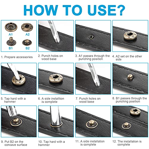 120SETS Leather Snap Fasteners Kit, 0.49 Inch Diameter Metal Button