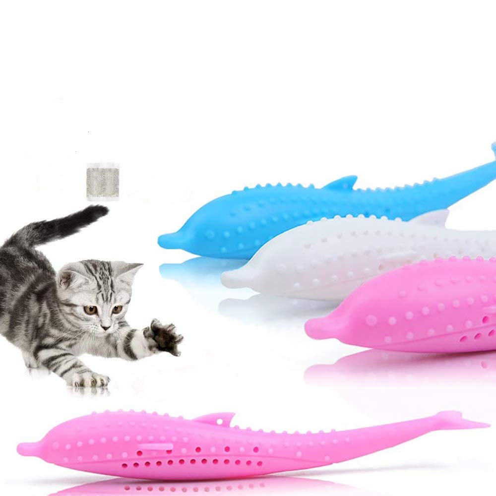 OtooKing Cat Toothbrush Catnip Toy,Interactive Tooth Chewing Toy for Kitten Kitty,Rubber Cat Dental Care,Refillable Catnip Dolphin-Shaped Kitten Cleaning Toy (3 Pack)
