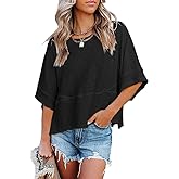 Sovelen Women's Summer Casual Crewneck Batwing Half Sleeve T-Shirts Solid Color Loose Fit Cute Basic Flowy Tops Tees Blouses