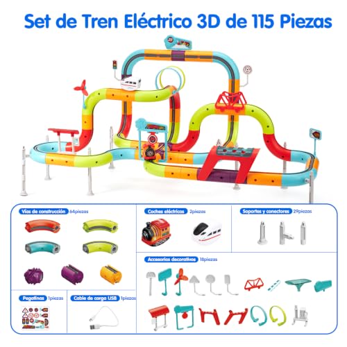 hahaland Electric Toy Train Children 115 Pieces, Anti-Gravity 3D Track with 2 Rechargeable Vehicles, Lights and Music, STEM Building Set, Gift Boy Girl 3 4 5 6 Years Old